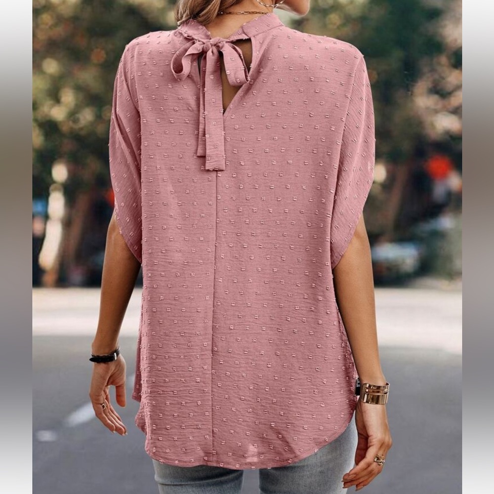 Boho Swiss Dot Batwing Sleeve Mock Neck Tie Back Top Blouse Shirt - Picture 7 of 10
